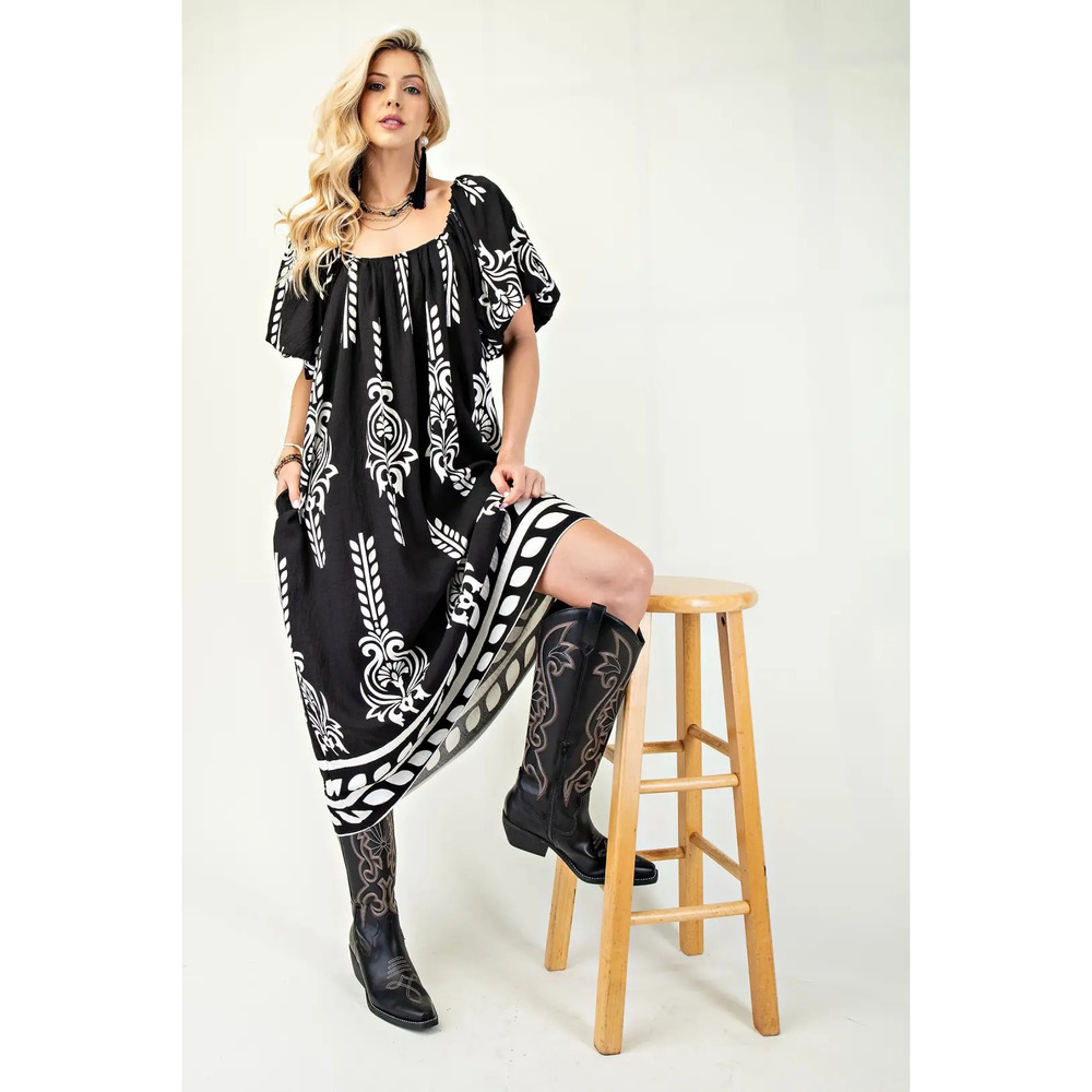 TG1547 BLK Gigio Printed Midi Dress with Short Puff Sleeves Various Sizes